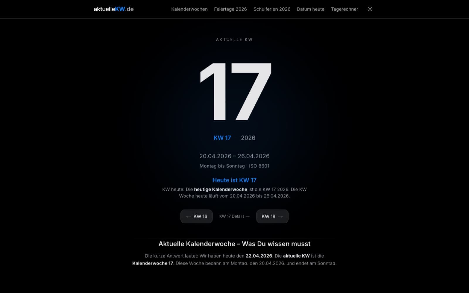 Startseite von aktuellekw.de — Utility-Seite mit großer Kalenderwochen-Anzeige und Wochenrechner