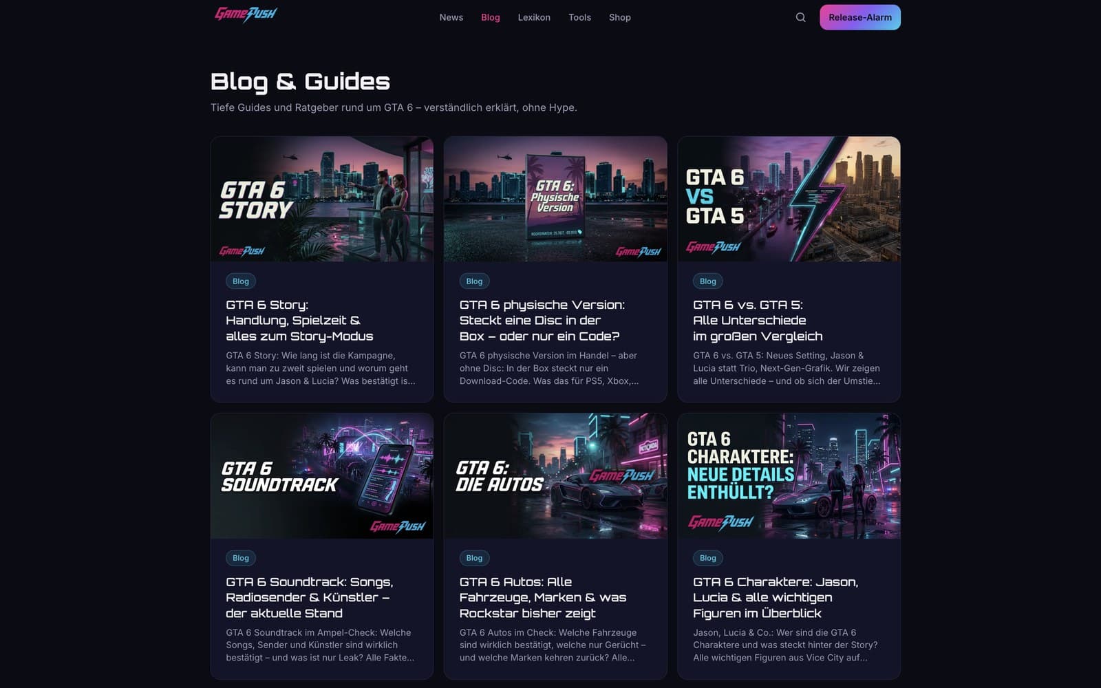 Blog-Übersicht von gamepush.de — GTA-6-Content-Plattform mit dunklem Design und Neon-Akzenten